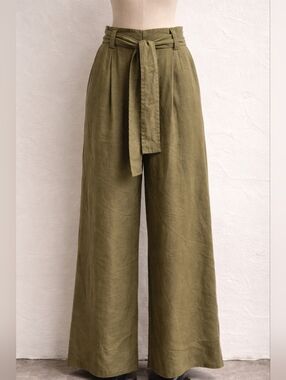 ZARA Women Linen Wide Leg Pants High Waist Belted Green XS